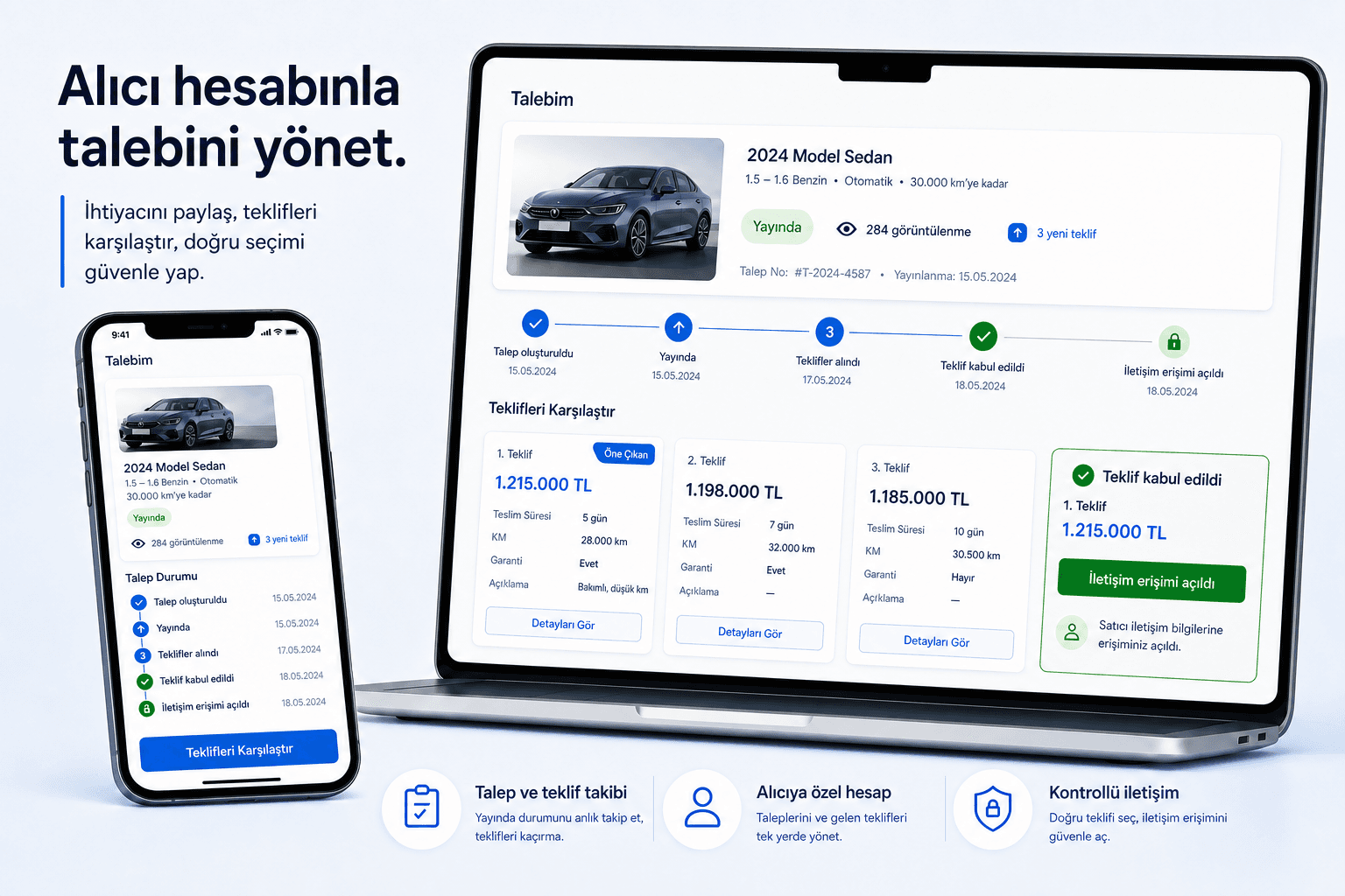 Talep durumunu, görüntülenmeleri ve gelen teklifleri gösteren Net Alıcı alıcı hesabı