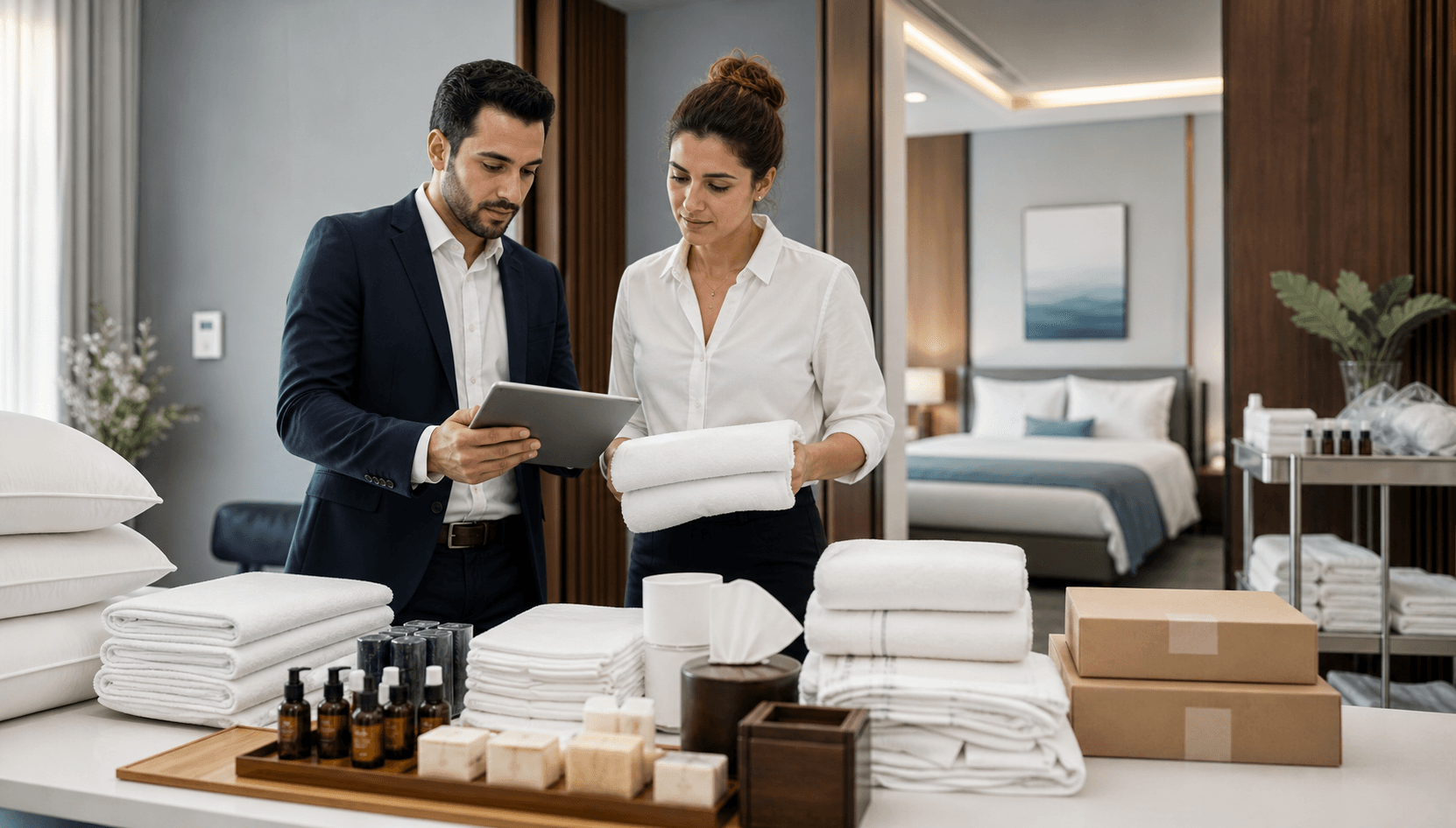 Otel işletmesi için toplu tedarik planlayan satın alma ekibi